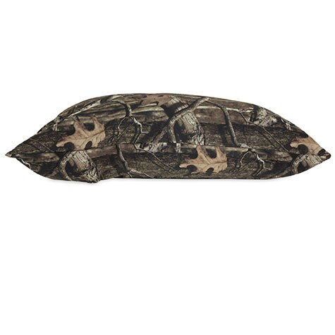 The Ruffmaxx Mossy Oak Pillow Dog Bed by Ruff Maxx features an elongated design with a Mossy Oak Camo pattern, showcasing forest-like browns and greens. Soft and slightly elevated at the center, it offers a seamless blend with nature for your outdoor-loving dog.
