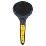 The JW Gripsoft Slicker Brush for Cats by Jw is a dark-colored brush with a round, bristled head and an ergonomic handle that features yellow Gripsoft technology, ideal for removing loose fur and keeping your pet’s coat tidy.