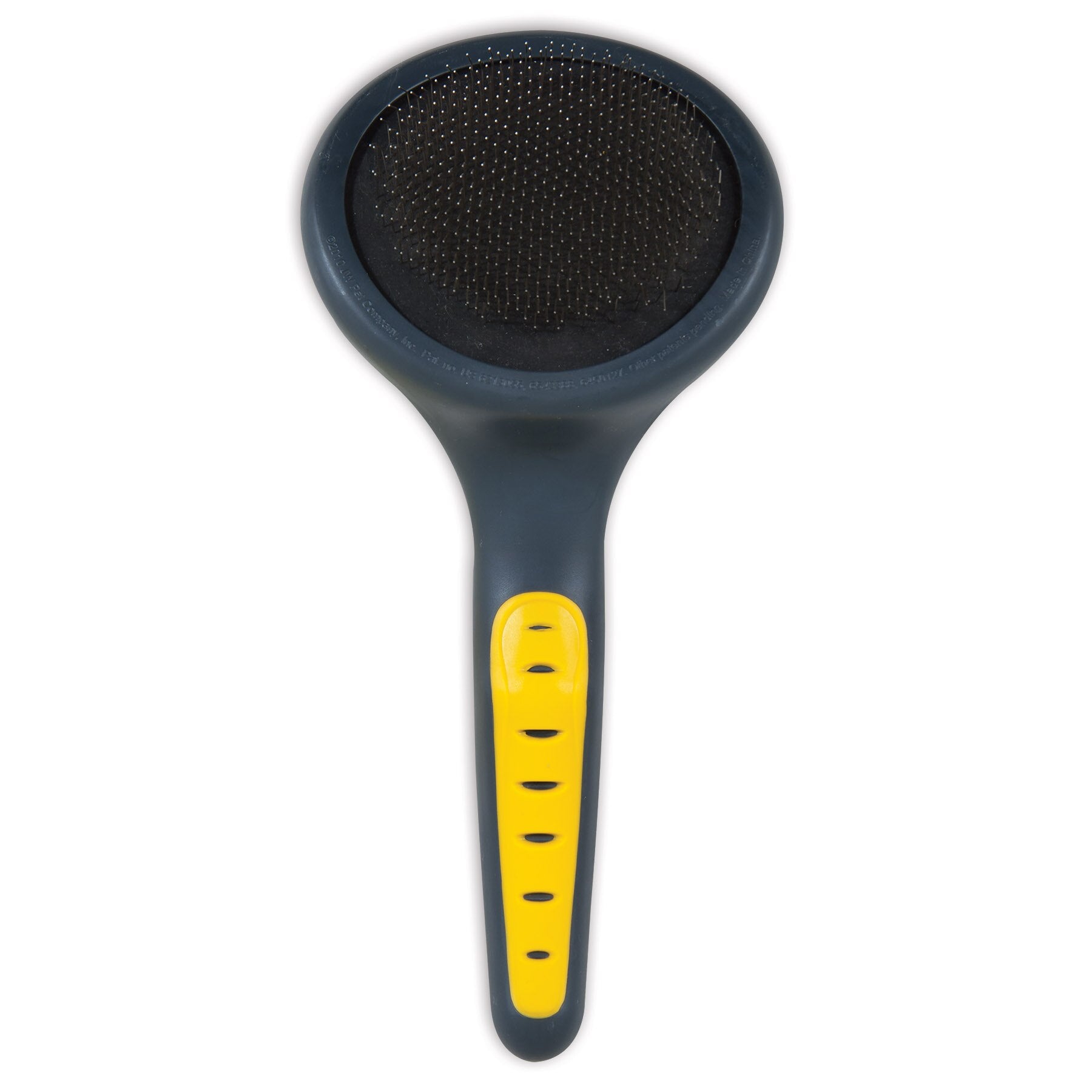 The JW Gripsoft Slicker Brush for Cats by Jw is a dark-colored brush with a round, bristled head and an ergonomic handle that features yellow Gripsoft technology, ideal for removing loose fur and keeping your pet’s coat tidy.