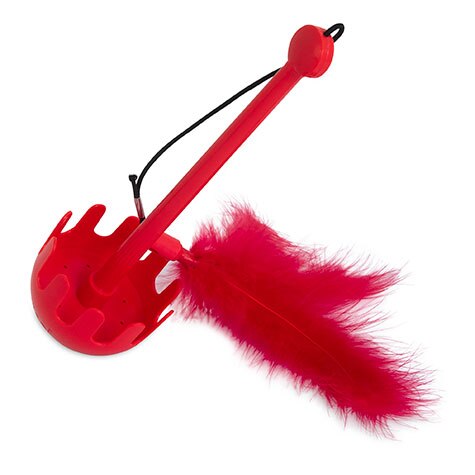 The JW Swatical Cat Toy by Jw is a red spaghetti server with a long handle, adorned with playful red feathers near the scoop, serving as both a kitchen tool and an enticing cat toy.
