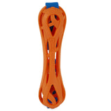 The Chuckit! Air Bumper Dog Toy is an orange, cylindrical toy with durable rubber and lattice-style openings. It features a blue center strap, embossed Chuckit name, and is perfect for fetch games.