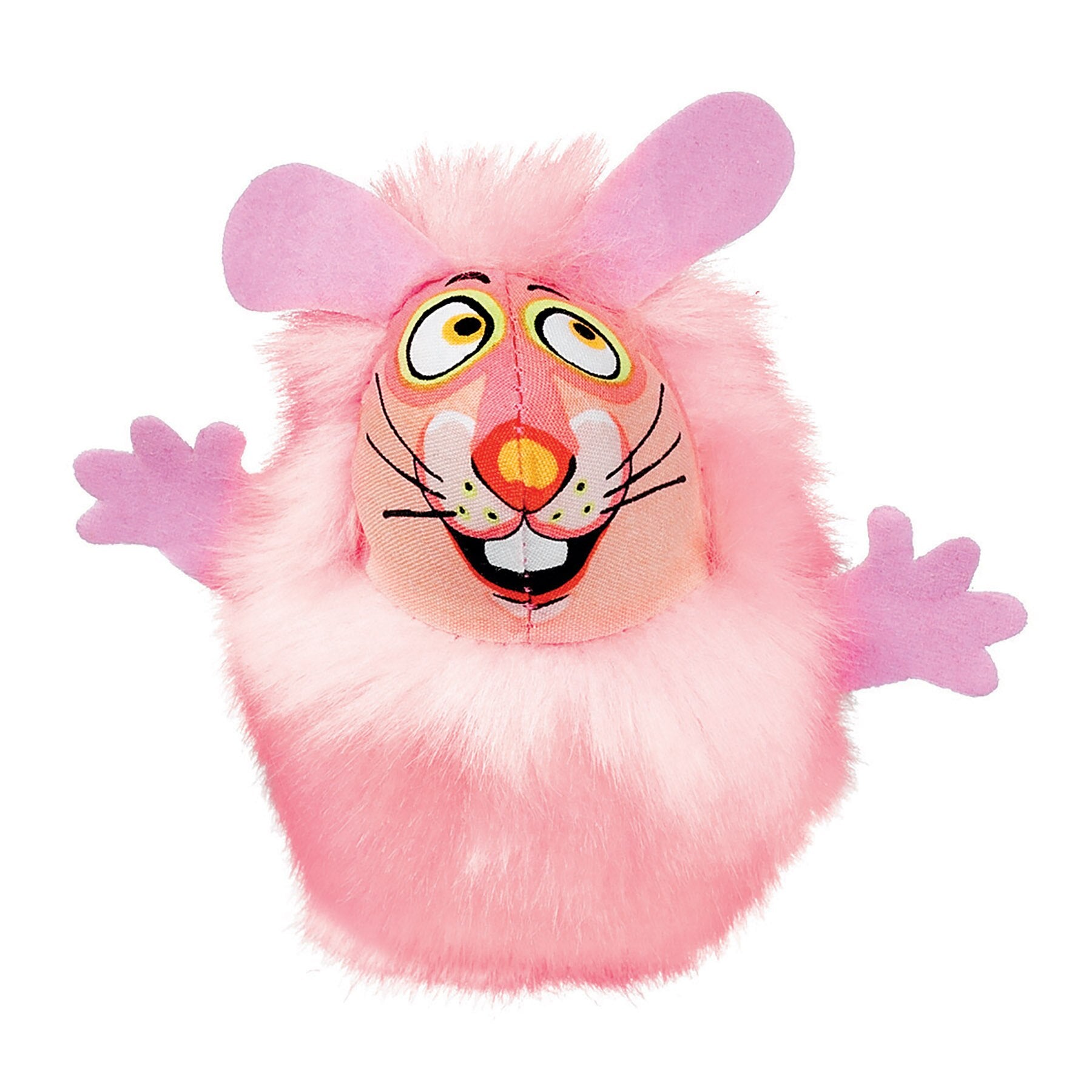 The FAT CAT Classic Fluff Bunnies Cat Toy by Fatcat is a fluffy pink bunny featuring large ears, wide yellow eyes, and a cartoon face. Its fuzzy body is perfect for cuddles, while its organic catnip filling keeps your cat entertained and active!.