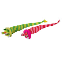 Two vibrant novelty windsocks shaped like elongated cats, one green and yellow with a lively face and the other red and pink, serve as whimsical toys. Featuring exaggerated details, theyre ideal for Zoom Around the Room® playtime. Available as FAT CAT Classic Tailchasers Cat Toy by Fatcat.