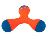 The Chuckit Amphibious Tri-Bumper Fetch Toy, bright orange and blue with three rounded ends, is crafted from durable material for easy throwing and engaging water play.