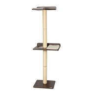 Introducing the PetFusion Ultimate Cat Climbing Tower & Activity Tree, featuring a sleek design with beige sisal posts and two carpeted platforms: a cozy lower seating area and a top spot with cushioned pads. A dark brown base and platforms complete this stylish retreat for your feline friend.