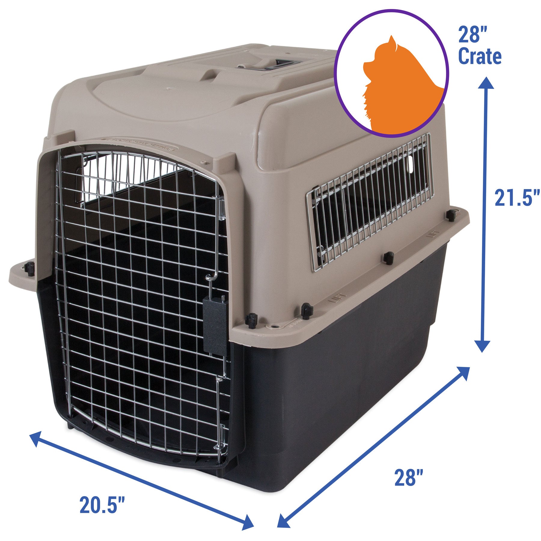 The Petmate Ultra Vari Kennel, ideal for airline travel, comes in beige and black with a sturdy metal gate. It measures 28L x 20.5W x 21.5H, and features an elegant pet silhouette near the top right corner of the image.