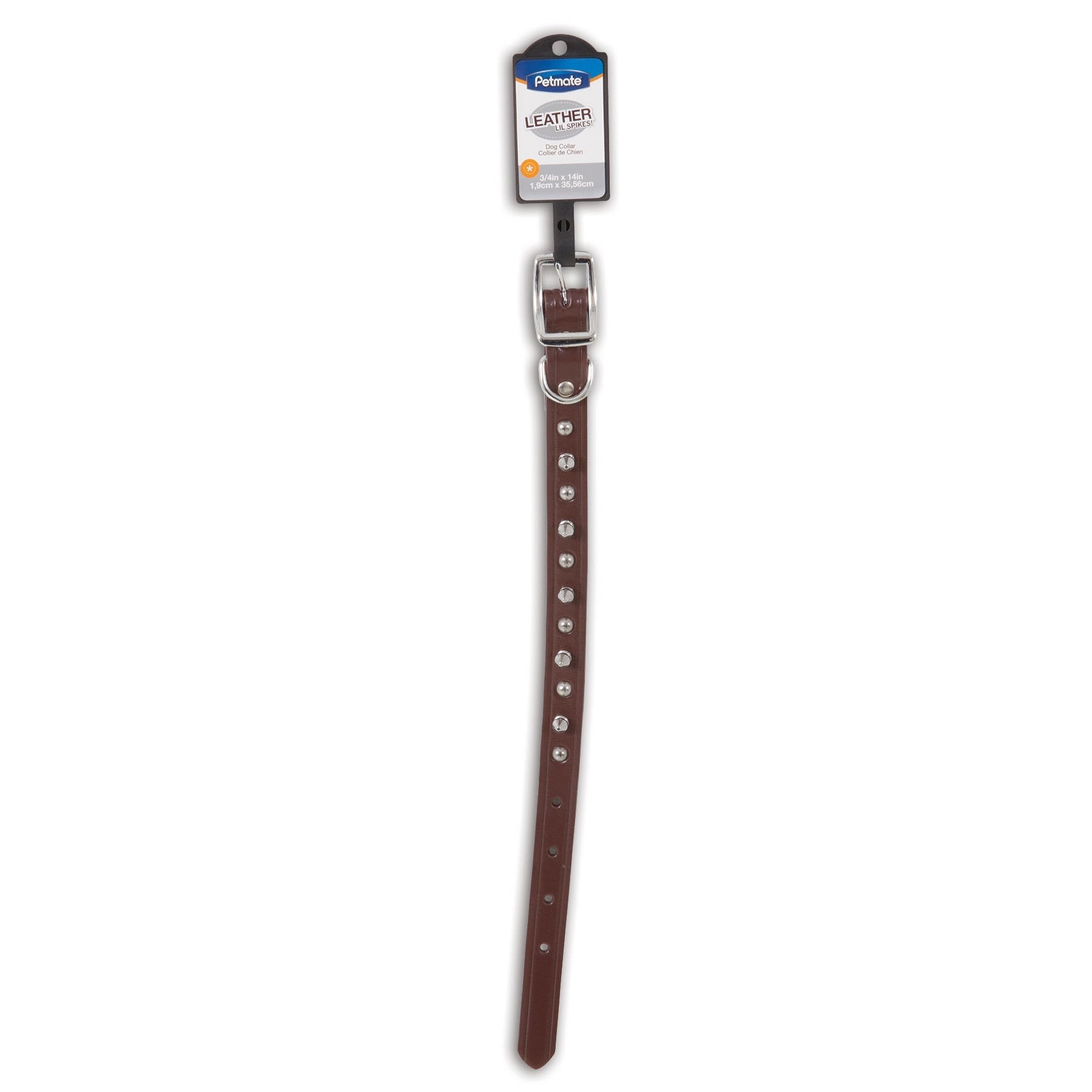 The Petmate Lil Spikes Leather Custom Fit Collar, a stylish and durable brown leather collar with silver studs and a metal buckle, is elegantly displayed on a black plastic hanger complete with a top label.