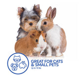 A small dog, rabbit, and guinea pig sit on a white background. Text reads: Petmate E-Z Load Top Load Cat Kennel—great for cats & small pets up to 10 lbs with 360° ventilation for travel stress relief. Petmate logo beside cat, dog, and rabbit icons.