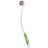 The Chuckit! Pro Launcher by Chuckit features a long white design with an ergonomic green grip handle, offering comfort during fetch games. A small circular holder at the end is designed for ball hold and release, showcasing an orange and blue logo for your pets enjoyment.