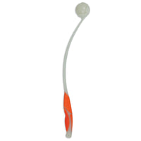 The Chuckit! Pro Max Glow Launcher with Max Glow Ball by Chuckit features an orange rubber grip, ergonomic handle, and glow-in-the-dark design for fun nighttime play. Its cup is perfect for holding and launching tennis balls.