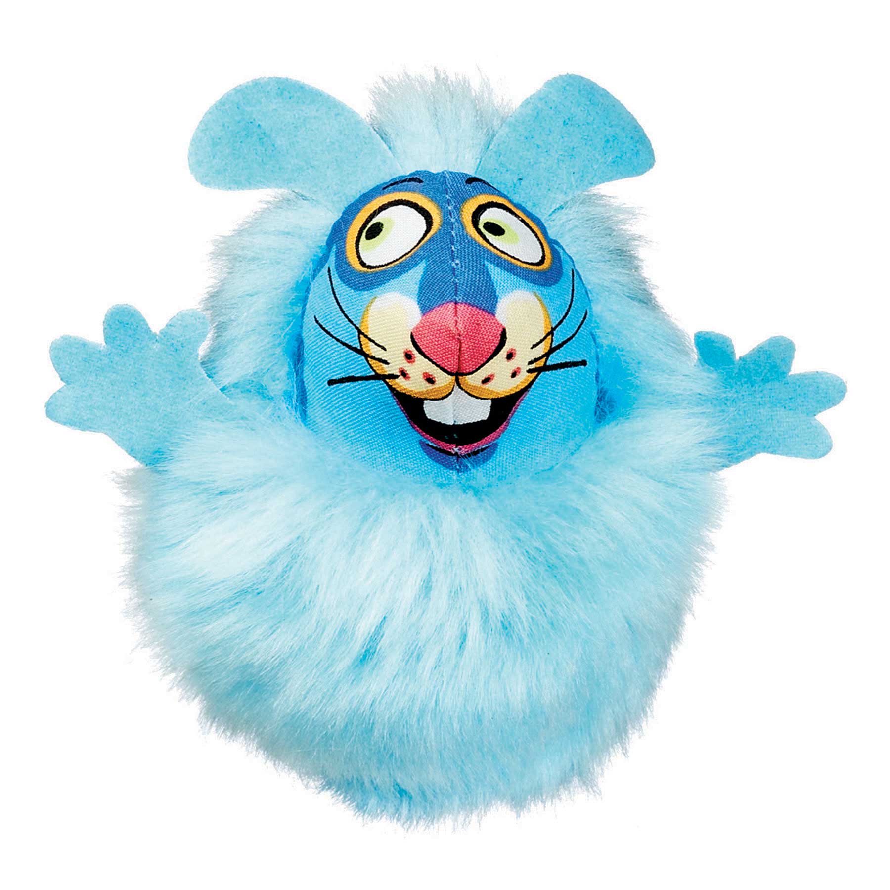 Introducing the FAT CAT Classic Fluff Bunnies by Fatcat—a whimsical plush cat toy! This round blue friend features big ears, cartoon eyes, a pink nose, and a cheeky grin. Its fluffy texture enhances its playful charm, ideal for Zoom Around the Room adventures!.