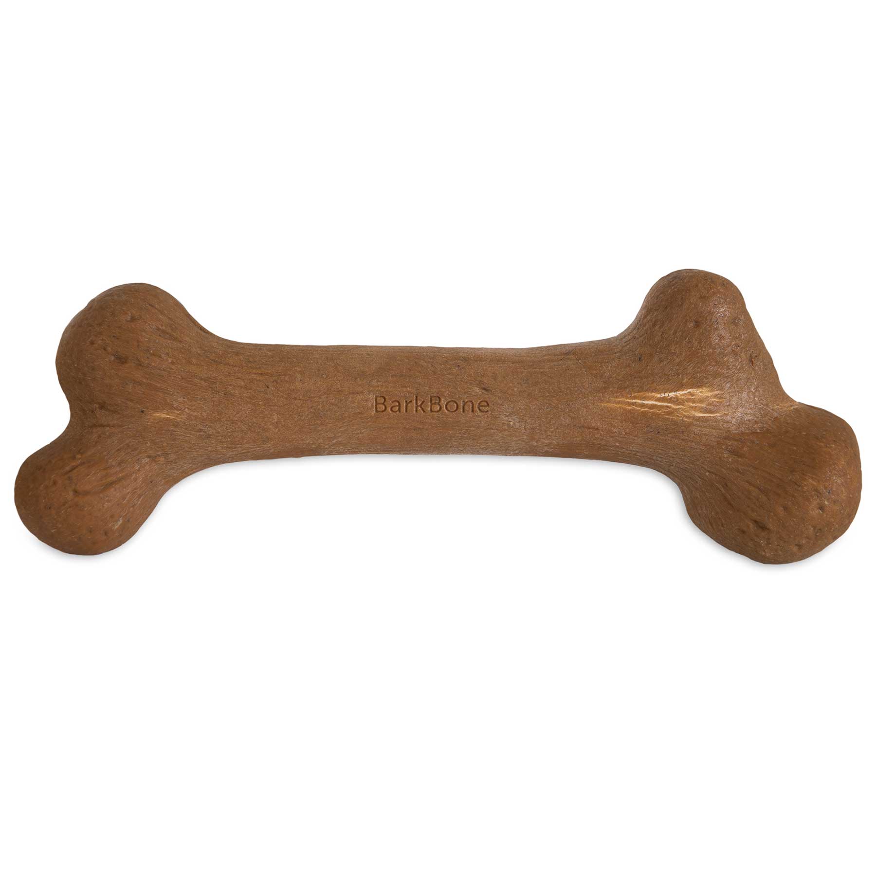 The BarkBone Natural Instincts Peanut Butter Infused Wood Dinosaur Nylon Dog Chew by Barkbone Natural Instincts is a durable, textured, peanut butter-flavored bone-shaped toy. It features rounded, enlarged ends and a natural brown color to mimic a classic dog bone.