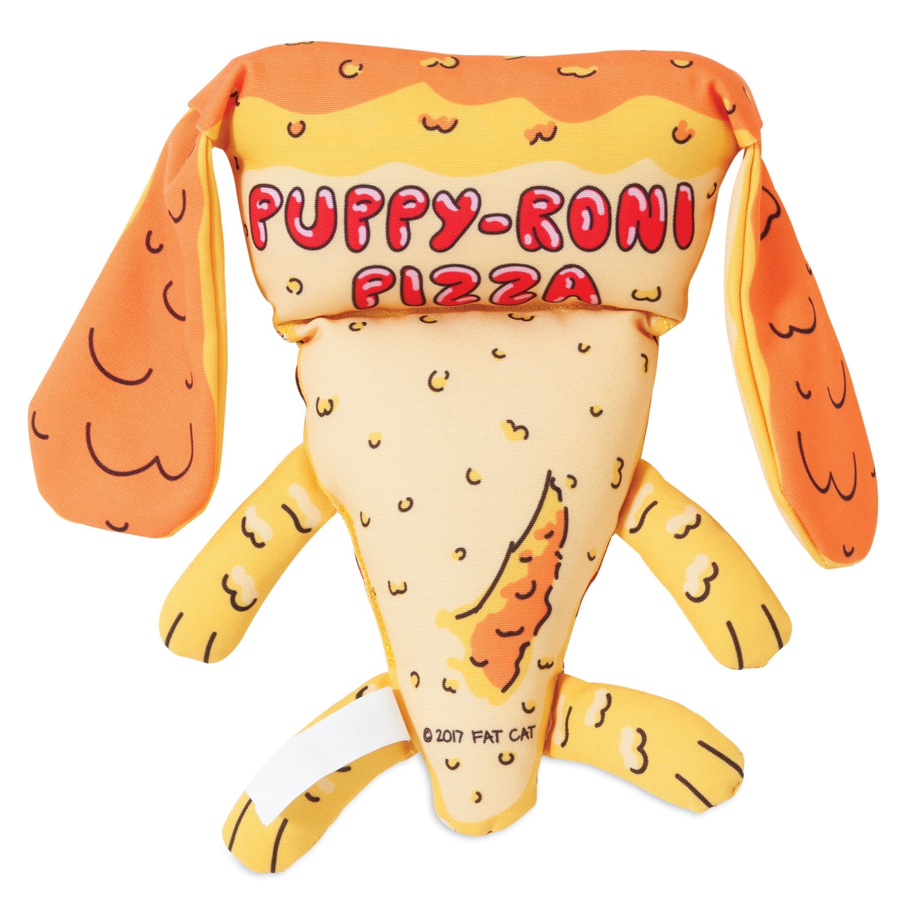 The FAT CAT Foodies Puppy-Roni Dog Toy by Fatcat is a durable polyester plush shaped like a pizza slice, featuring dog-like details with floppy ears and paws. It reads Puffy-Roni Pizza in red and includes a squeaker and smiling face for endless fun.