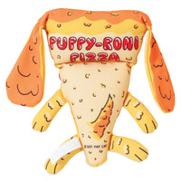 The FAT CAT Foodies Puppy-Roni Dog Toy by Fatcat is a durable polyester plush shaped like a pizza slice, featuring dog-like details with floppy ears and paws. It reads Puffy-Roni Pizza in red and includes a squeaker and smiling face for endless fun.