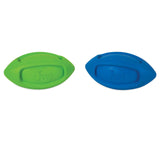 Two JW iSqueak Funble Football Dog Toys, one green and one blue, crafted from heavy-duty rubber with textured grips and the JW logo embossed in the center. These durable toys resemble footballs, placed side by side against a white background.