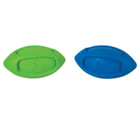 Two JW iSqueak Funble Football Dog Toys, one green and one blue, crafted from heavy-duty rubber with textured grips and the JW logo embossed in the center. These durable toys resemble footballs, placed side by side against a white background.