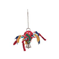 The JW Hol-ee Roller Pinata Bird Toy by Jw features a vibrant design with a red plastic lattice ball, colorful tassels in red, yellow, blue, and green hanging from a chain, and is finished with a playful jingling metal bell.