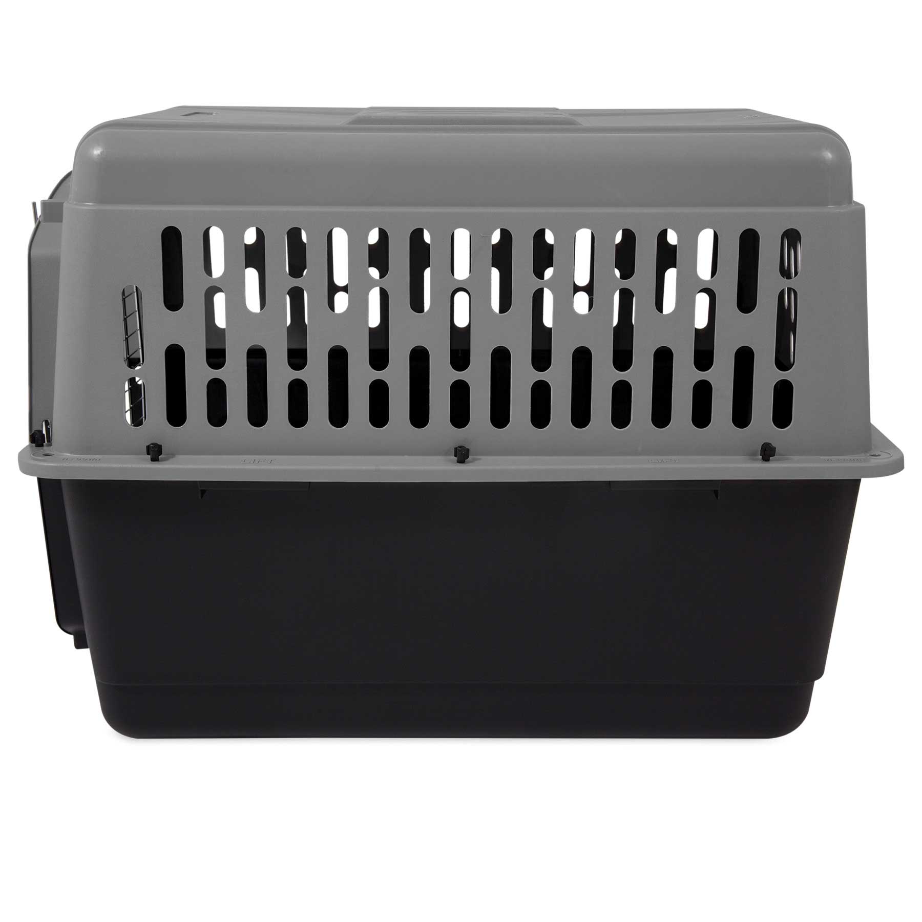 The Aspen Pet Pet Porter by Aspen Pet is a plastic carrier with a gray top and black bottom. It includes vented slats for airflow and a metal door for easy access, ideal for small animals travel, thanks to its simple and functional design ensuring safety.