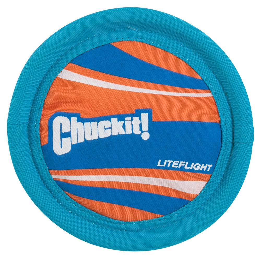 The Chuckit! Lite Flight Dog Fetch Toy is a round toy with blue edges and an orange-blue center, featuring Chuckit! Lite Flight. Made of durable polyester canvas, it promotes healthy exercise and endless fun for your pet.
