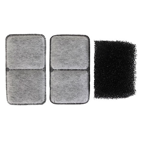 Two gray rectangular debris filters with stitched edges sit beside a single black porous charcoal filter, showcasing the varied Petmate Fresh Flow II filtration materials.
