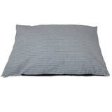The Aspen Pet Classic Stripe Pillow Dog Bed is a large rectangular bed featuring a grey cover with thin white horizontal stripes, made from soft micro-terry plush fabric. Its machine washable and suitable for medium to large-sized dogs, with a plain white background.