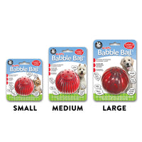 The Pet Qwerks Blinky Babble Ball by Petqwerks comes in Small, Medium, and Large. A red ball talks and flashes on touch with high-impact ABS construction. Packaging shows a dog image and product details.