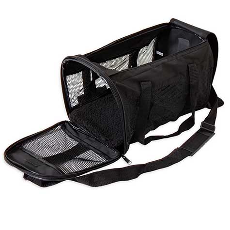 The Petmate Soft Sided Kennel Cab, a black mesh carrier lying on its side, is perfect for airline travel with a zippered flap, shoulder strap, top handle, and cushioned interior for small animals.