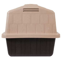 The Aspen Pet Petbarn 3 Dog House, by Aspen Pet, is a small two-tone plastic dog house with a beige roof and upper half, and a dark brown lower half. This durable doghouse features a raised floor for comfort, top vent, and side rectangular opening.