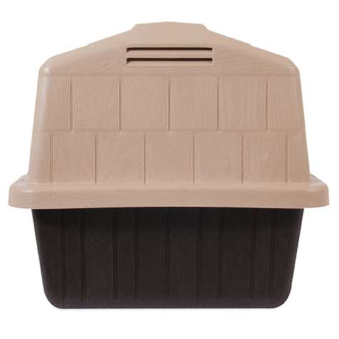 The Aspen Pet Petbarn 3 Dog House, by Aspen Pet, is a small two-tone plastic dog house with a beige roof and upper half, and a dark brown lower half. This durable doghouse features a raised floor for comfort, top vent, and side rectangular opening.