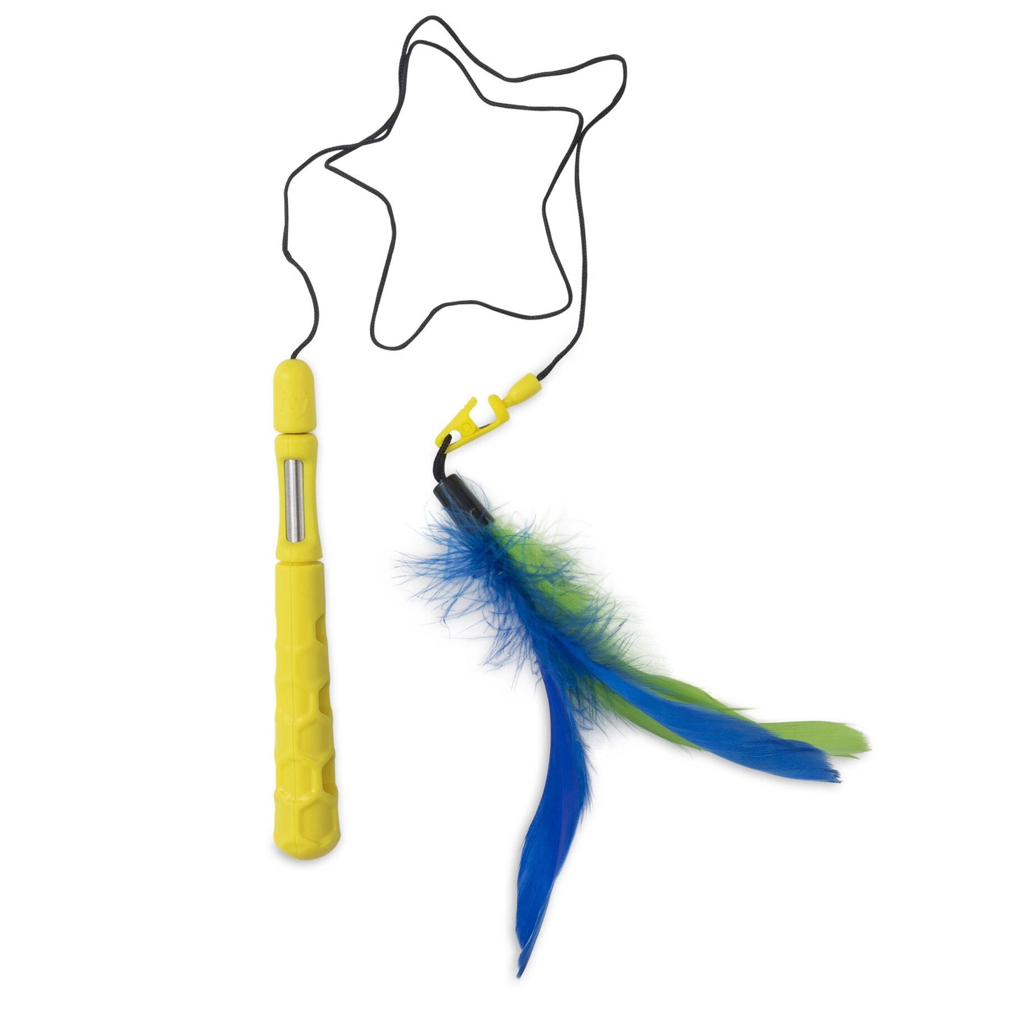 The JW Flutter-ee Feathers Telescopic Cat Wand by Jw has a textured handle, a yellow wand, star-shaped black cord, and blue and green feather attachments for endless feline fun.