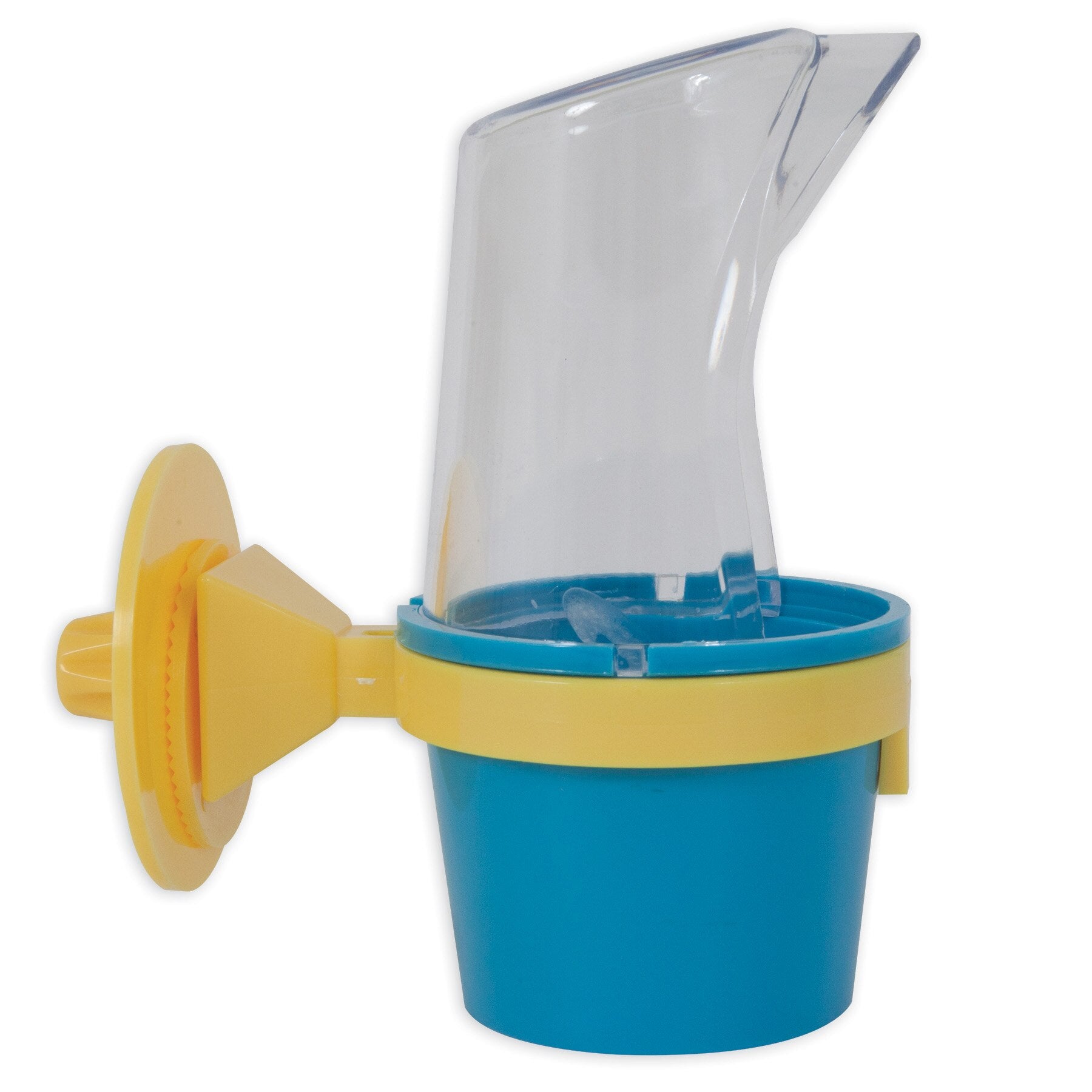 The JW Clean Cup Bird Feed & Water Cup by Jw is a blue and yellow plastic accessory with a clear chute and suction cup, perfect for securely feeding or watering pet birds. It’s easy to clean and ideal for upgrading your birds cage setup.
