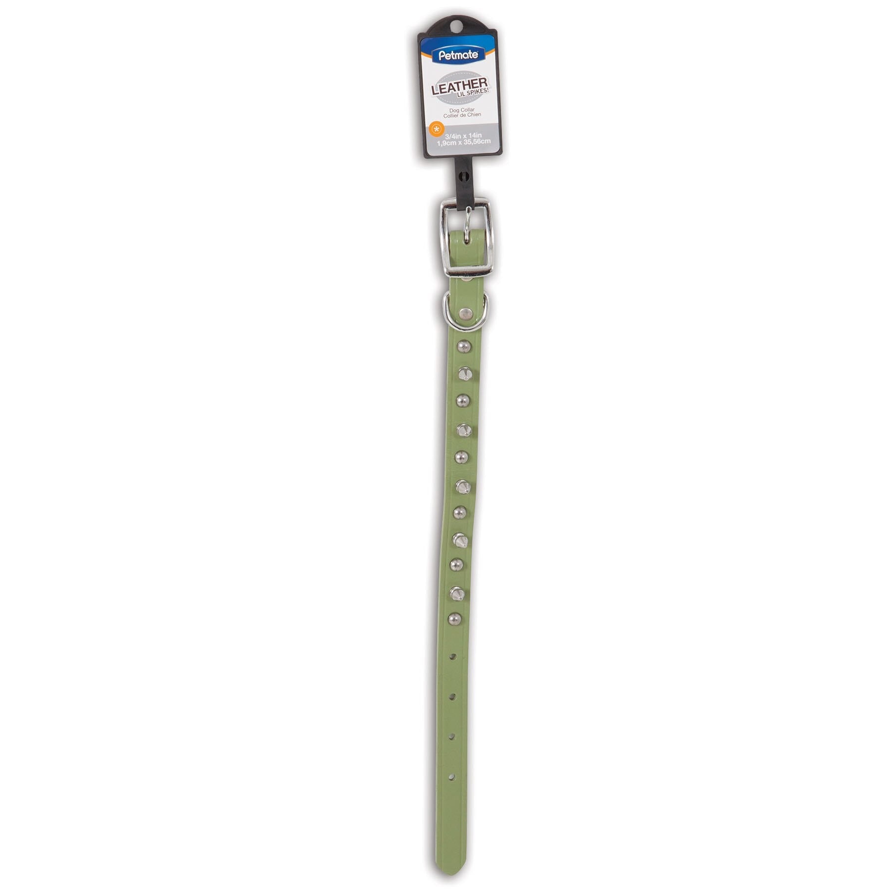 The Petmate Lil Spikes Leather Custom Fit Collar, a stylish green leather accessory with metal buckle and shiny studs from Petmate, is perfect for large dogs. It adjusts from 18 to 24 inches and stands out beautifully against a white backdrop.