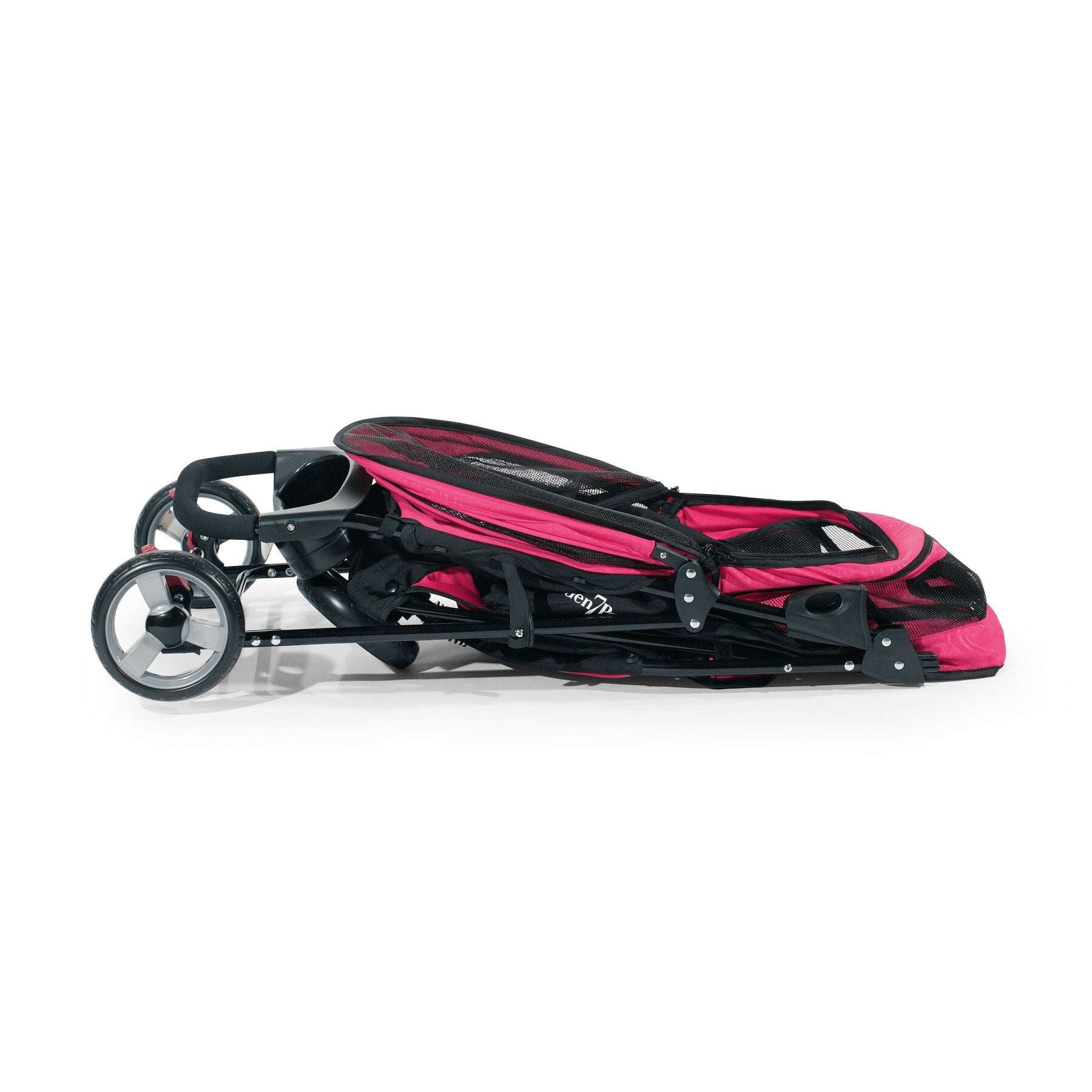 The Gen7Pets Raspberry Sorbet Regal Plus Pet Stroller by Gen7, in pink and black, has a visible wheels and frame design. It cleverly folds flat for easy storage and transport and includes the innovative Smart-Canopy for added convenience.