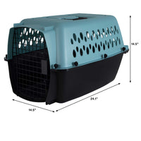 The Petmate Fashion Vari Kennel in blue and black, featuring ventilation holes and a metal door, is perfect for small dogs. Its dimensions are 24.1 L x 14.5 W x 14.5 H.