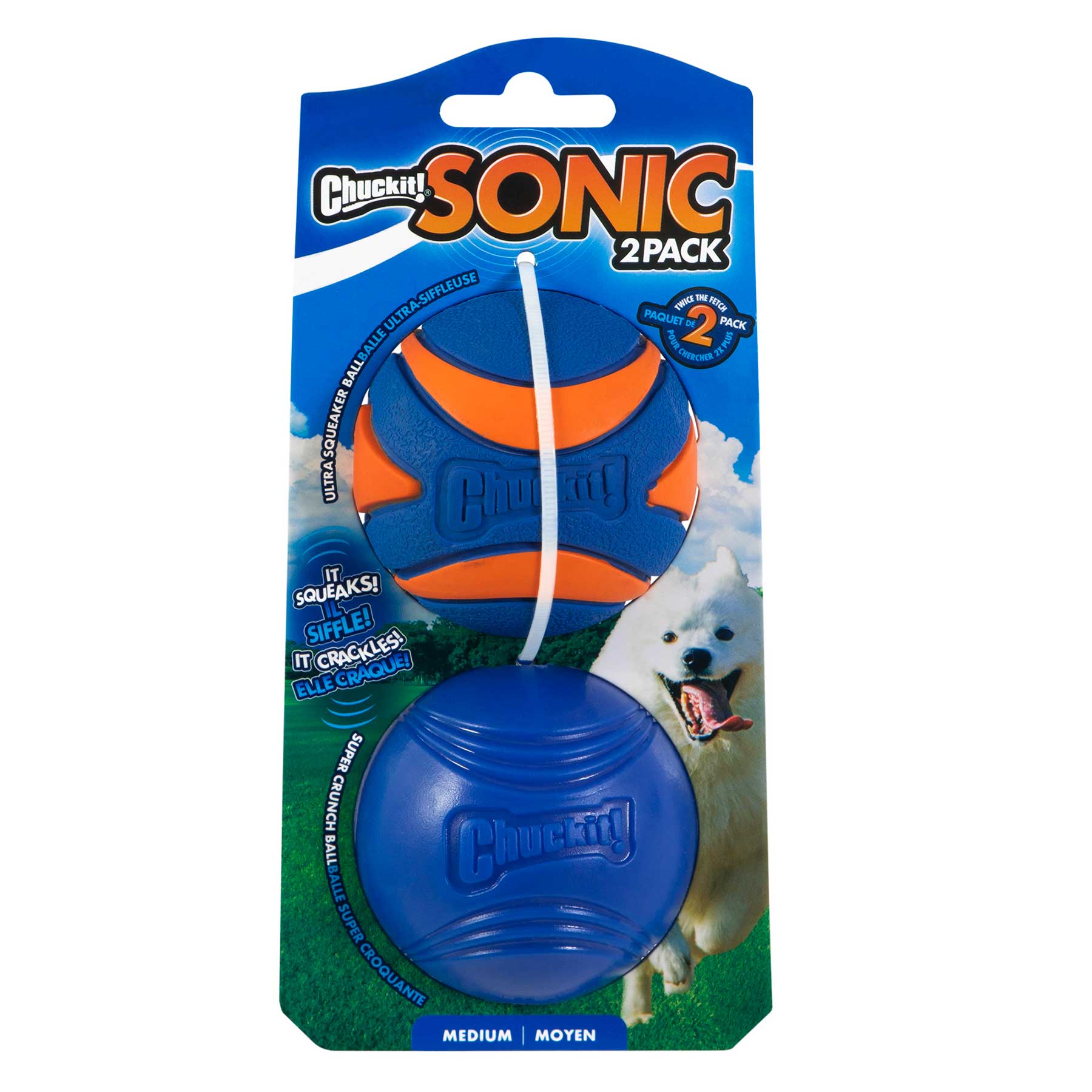 The Chuckit! Sonic Fetch Pack includes two blue and orange balls: a ribbed top ball and a smooth bottom ball. The packaging shows a grassy field with a playful dog, highlighting the squeaky features of these Chuckit! Ultra Squeaker balls.