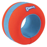 The Chuckit! Amphibious Roller is a round, hollow pet toy in an orange and blue color scheme. Its perfect for water-loving dogs, with Chuckit! printed on the side and a textured surface for easy gripping, suitable for playtime on land or in water.