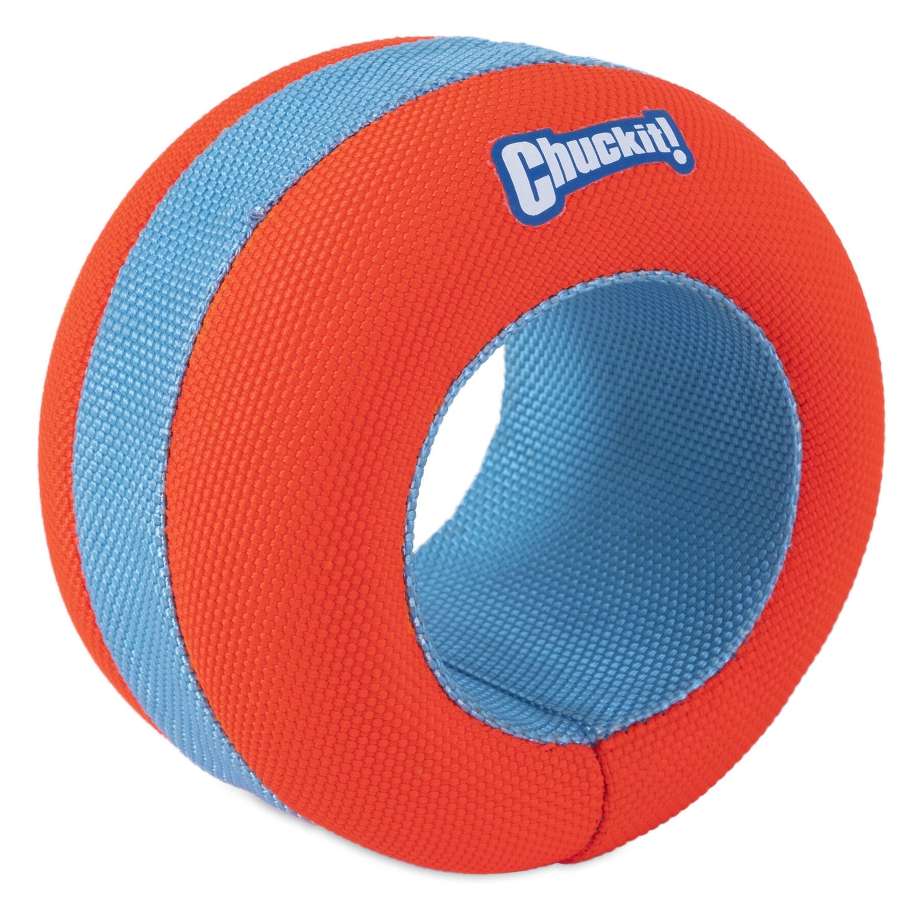 The Chuckit! Amphibious Roller is a round, hollow pet toy in an orange and blue color scheme. Its perfect for water-loving dogs, with Chuckit! printed on the side and a textured surface for easy gripping, suitable for playtime on land or in water.