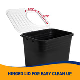 The Arm & Hammer Top Entry Litter Box features a black rectangular bin with a hinged white lid that opens at an angle, has non-slip textures, and an 8.75 x 9.75-inch opening. An orange and blue banner states, Hinged lid for easy clean up. It includes Microban antimicrobial protection.