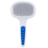 The JW Gripsoft Self-Cleaning Slicker Brush by Jw features a white design with a blue ergonomic handle and fine bristles, perfect for grooming animals and effectively removing excess shedding hair.