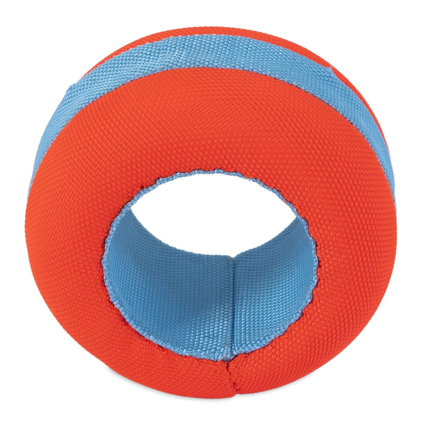 The Chuckit! Amphibious Roller by Chuckit features a red exterior and blue interior with a cylindrical design. Its textured surface enhances grip and durability, making it perfect for water-loving dogs seeking an adventurous playtime.