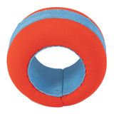 The Chuckit! Amphibious Roller by Chuckit features a red exterior and blue interior with a cylindrical design. Its textured surface enhances grip and durability, making it perfect for water-loving dogs seeking an adventurous playtime.