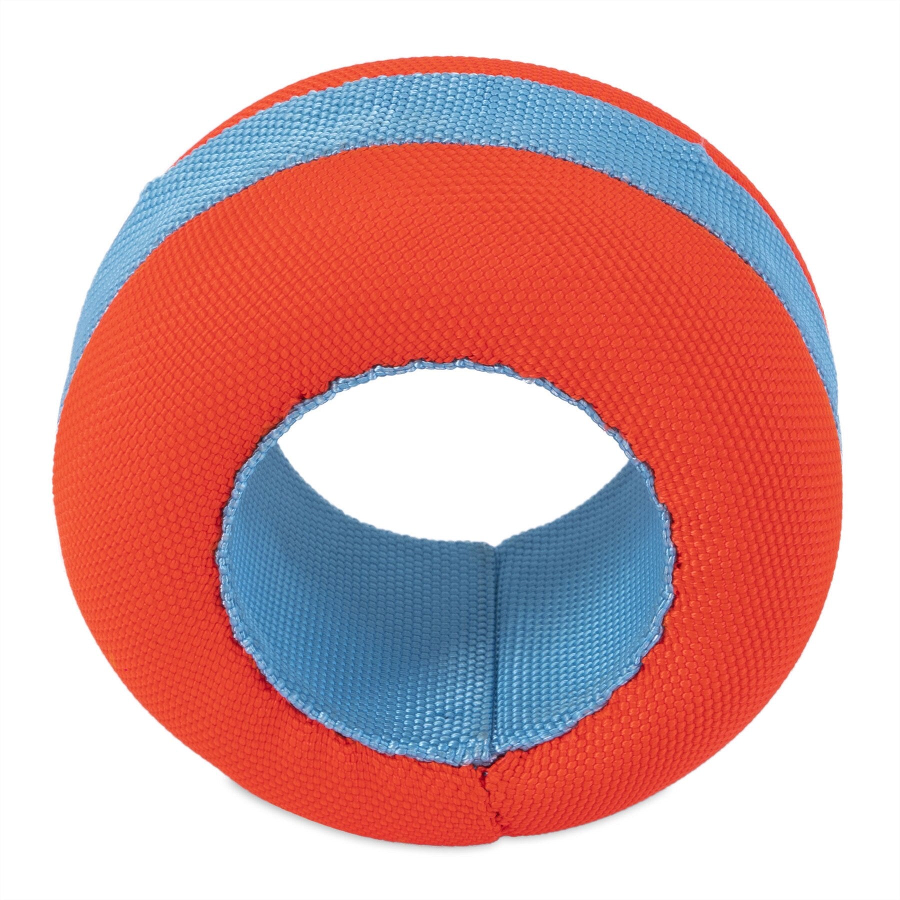 The Chuckit! Amphibious Roller by Chuckit features a red exterior and blue interior with a cylindrical design. Its textured surface enhances grip and durability, making it perfect for water-loving dogs seeking an adventurous playtime.