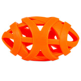 The Chuckit! Air Fetch Football Dog Toy by Chuckit is an orange lattice-designed hollow rubber ball shaped like a football, providing durable fun for endless playtime among Air Dog Toys.