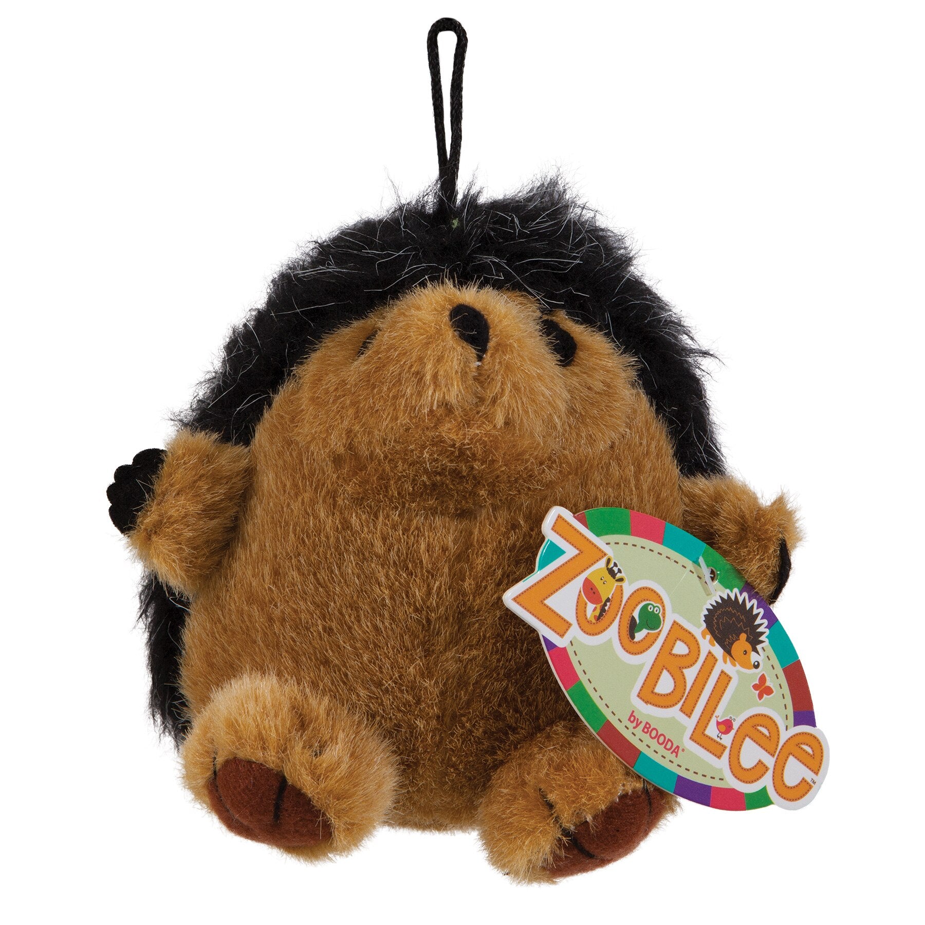 The Zoobilee Hedgehog Squatters Plush Dog Toy is a round plush with brown fur, black spiky hair, small black eyes and nose. It includes orange feet and hands, plus a loop for hanging. A Zoobilee tag completes the playful design resembling the Hedgehog Squatters collection.