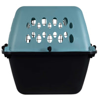 The Petmate Fashion Vari Kennel by Petmate is a turquoise and black travel kennel with aerodynamic top holes and a secure latch for easy ventilation and transport, perfect for stylish adventures with your furry friend.