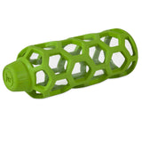 The JW Hol-ee Water Bottle Dog Toy by Jw features a green hexagonal honeycomb-patterned rubber sleeve for safety. Its designed as a horizontal dog toy with a matching green cap.