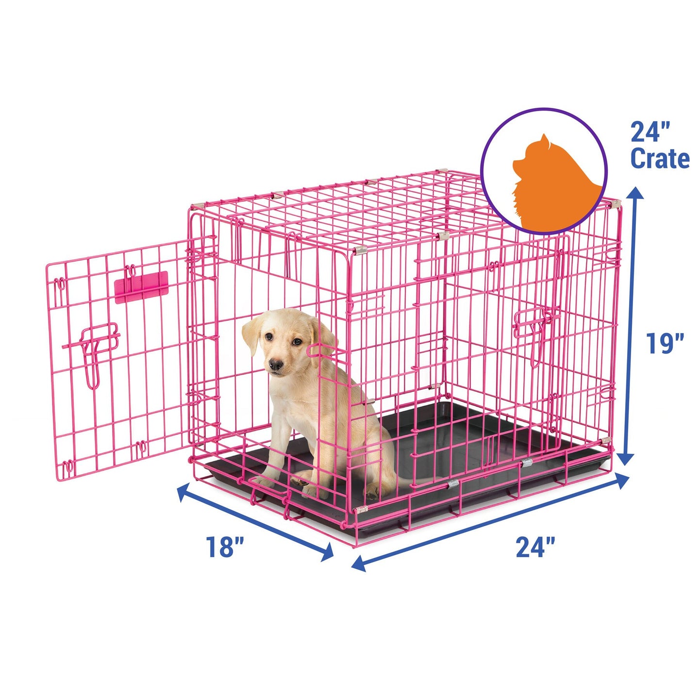 A small puppy is inside a Petmate 2 Door Wire Puppy Crate with an open door. Ideal for house training, this pink crate is 24 high, 19 wide, and 18 deep. An inset silhouette shows the size comparison of a sitting cat to the crate.