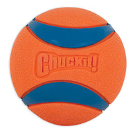 The Chuckit! Ultra Ball Dog Toy by Chuckit! is an orange fetch ball with blue curved stripes and "Chuckit!" embossed on the front. Its textured, grippy surface makes it a durable toy for active dogs.