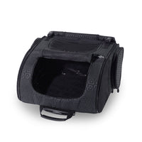 The Gen7Pets Black Geometric Roller-Carrier by Gen7 has a mesh window at the front, a top strap handle, and side pockets, all elegantly set against a white background.