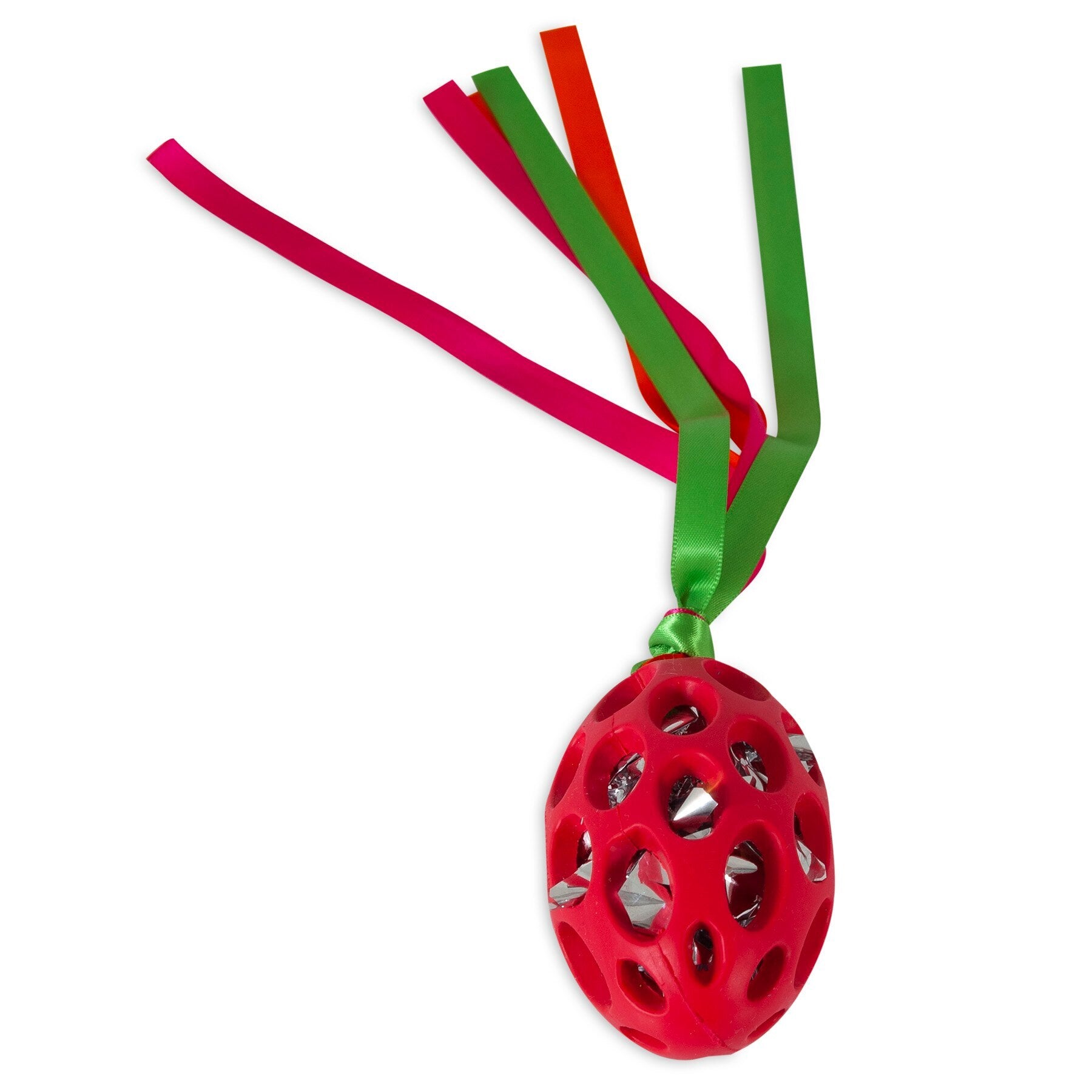 Introducing the JW Cataction Football Streamer Cat Toy by Jw: a red egg-shaped toy with holes and a silver interior, featuring pink, red, and green ribbons for endless feline fun and exercise.